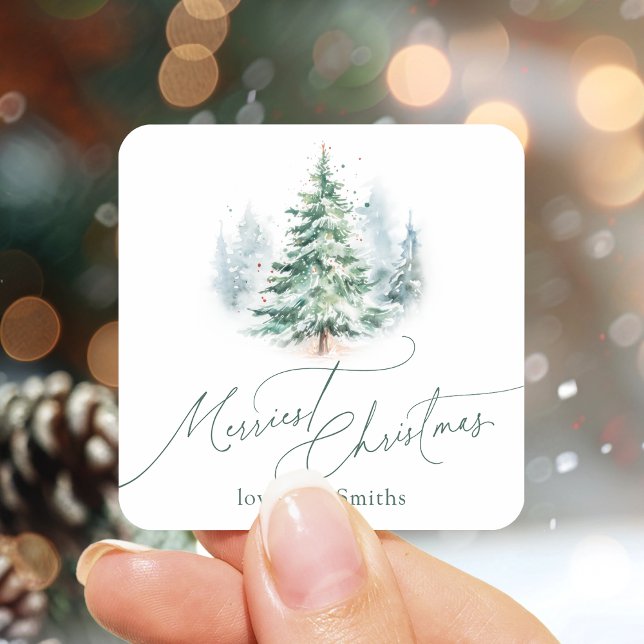 Modern Script Merriest Christmas Pine Tree Quadratischer Aufkleber (Modern Script Merriest Christmas Pine Tree Square Sticker)