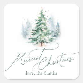 Modern Script Merriest Christmas Pine Tree Quadratischer Aufkleber