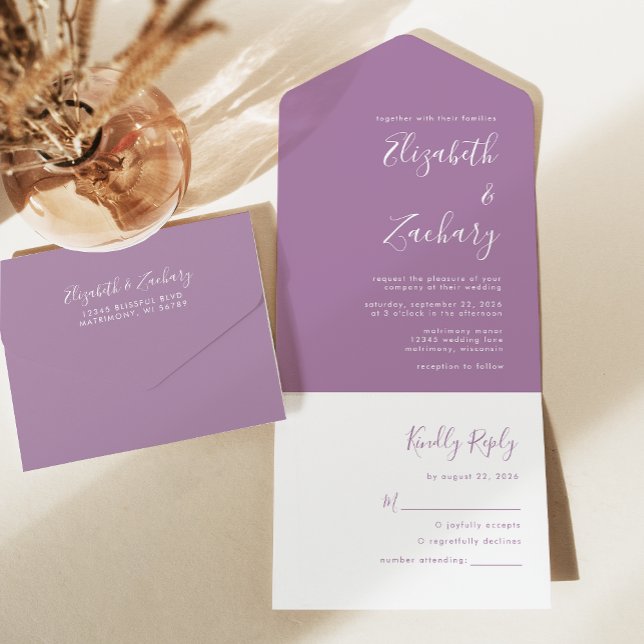 Modern Script Minimal Mauve Wedding All In One Einladung (Von Creator hochgeladen)