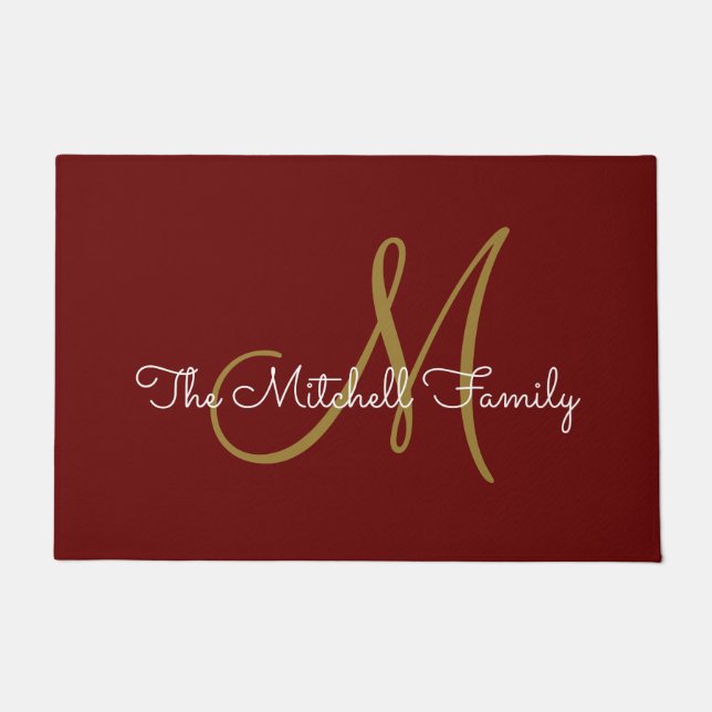Modern Script Monogram Family Name Burgundy Fußmatte (Vorderseite)
