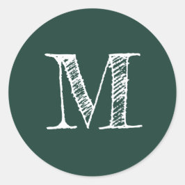 Modern Script Monogram Initial Dunkelgrün Runder Aufkleber