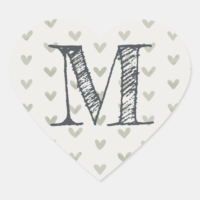 Modern Script Monogram Initial Green Hearts Herz-Aufkleber (Vorderseite)