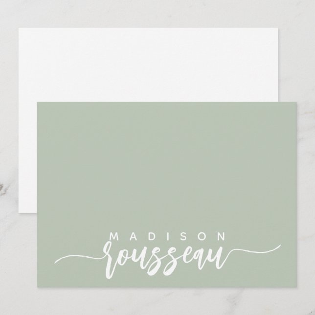 Modern Script Name Personalisiert White Sage Green Mitteilungskarte (Vorne/Hinten)