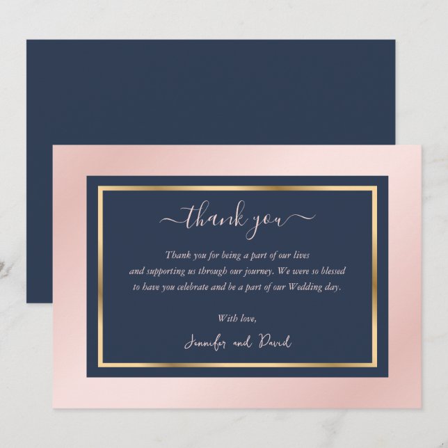 Modern Script Navy Blue Blush Gold Dankeschön Kart Dankeskarte (Vorne/Hinten)