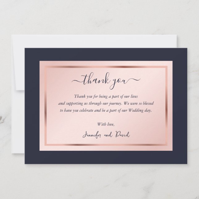 Modern Script Navy Blue Blush Rosen Gold Dankeskarte (Vorderseite)
