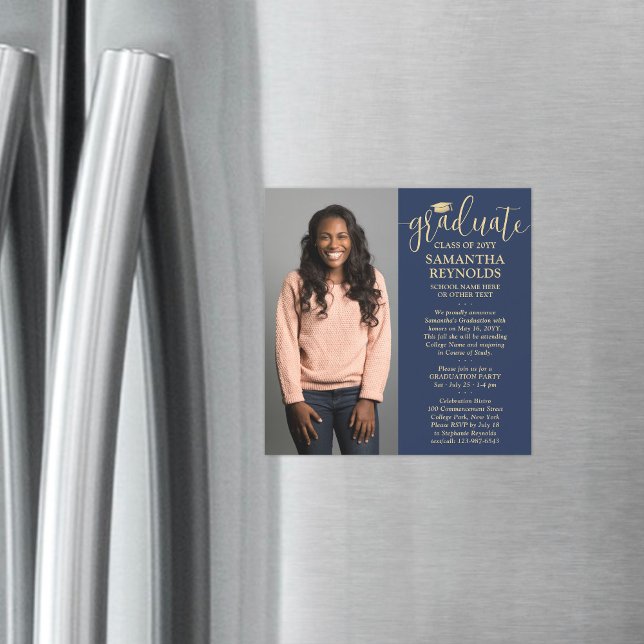 Modern Script Navy Blue & Gold 1 Foto Abschluss Magneteinladung (Von Creator hochgeladen)