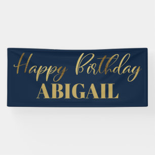 Modern Script Navy Blue Gold Happy Birthday Banner