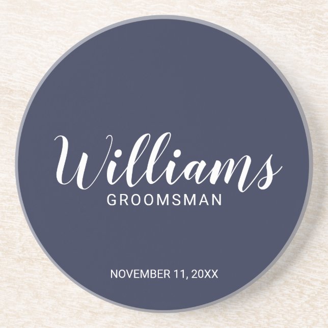 Modern Script Navy Blue Personalized Groomsman Getränkeuntersetzer (Vorne)