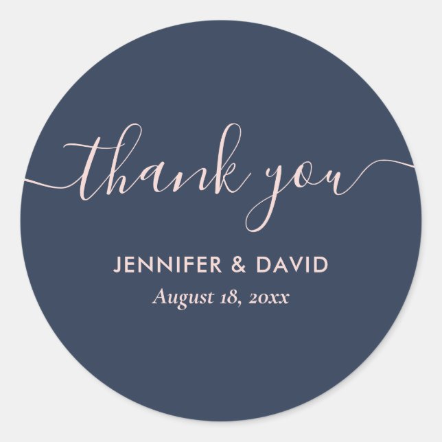 Modern Script Navy Blue und Blush Vielen Dank Runder Aufkleber (Vorderseite)