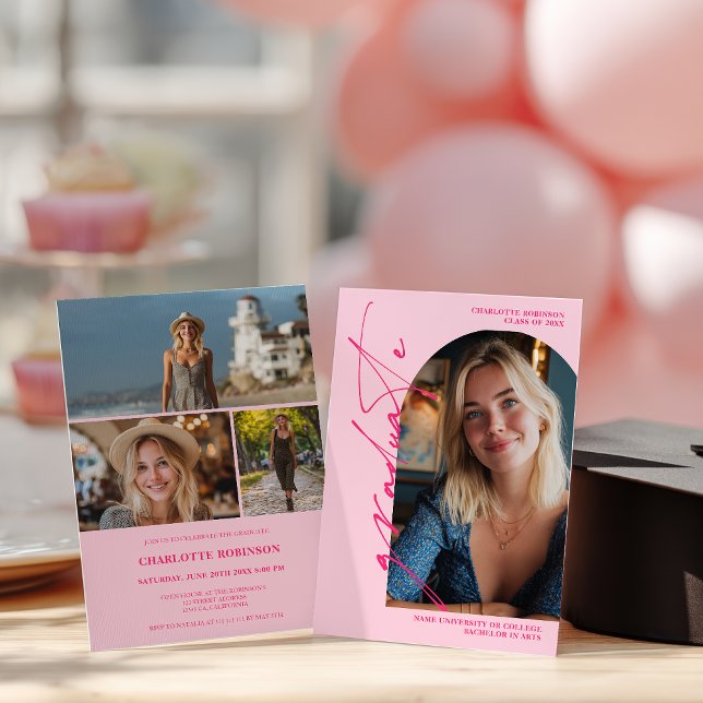  Modern Script neon pink graduate photo graduation Einladung (Modern Script neon pink graduate photo graduation Invitation)