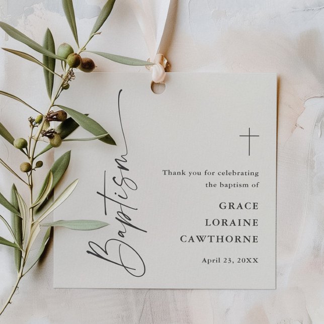 Modern Script Neutral Baptisc Vielen Dank Geschenkanhänger (Modern script ivory boho gender neutral baptism thank you favor tags.)