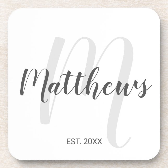 Modern Script Personalisiert Monogram und Familien Getränkeuntersetzer (Vorderseite)