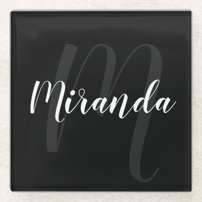 Modern Script Personalisiert Monogram und Name Bla Glasuntersetzer (Vorderseite)