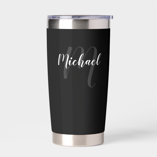 Modern Script Personalisiert Monogram und Name Thermobecher (Links)