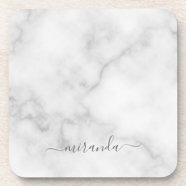 Modern Script Personalisiert Name White Marble Getränkeuntersetzer (Vorderseite)