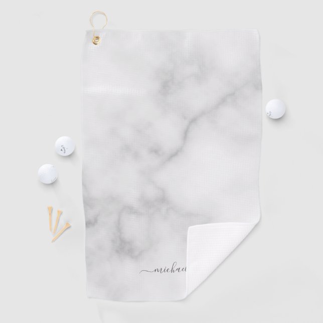 Modern Script Personalisiert Name White Marble Golfhandtuch (Insitu)