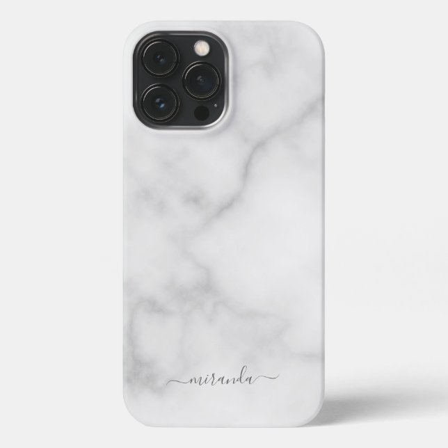 Modern Script Personalisiert Name White Marble iPhone 13 Pro Max Hülle (Rückseite)