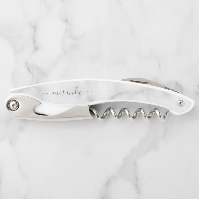 Modern Script Personalisiert Name White Marble Kellnermesser (Vorderseite)