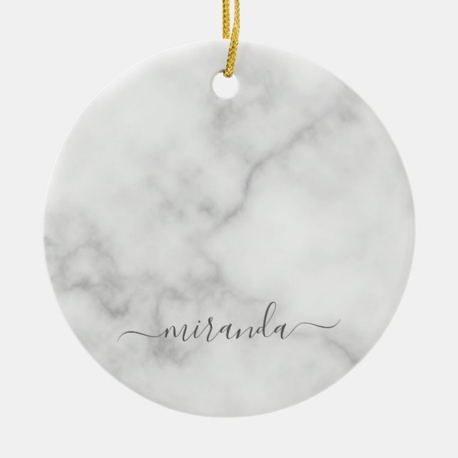 Modern Script Personalisiert Name White Marble Keramik Ornament (Vorne)