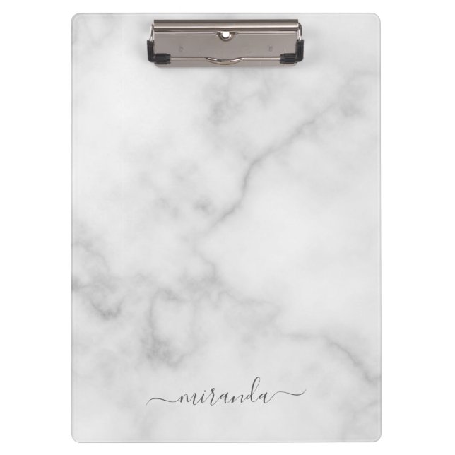 Modern Script Personalisiert Name White Marble Klemmbrett (Vorderseite)