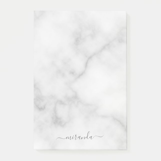 Modern Script Personalisiert Name White Marble Post-it Klebezettel (Vorderseite)