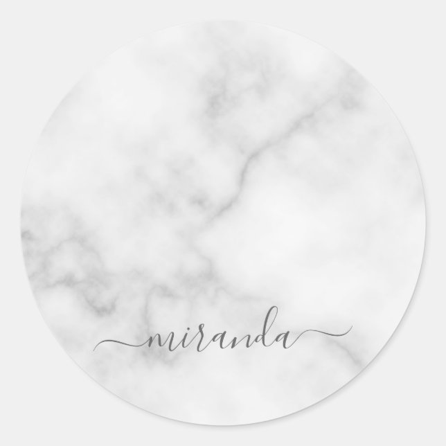 Modern Script Personalisiert Name White Marble Runder Aufkleber (Vorderseite)