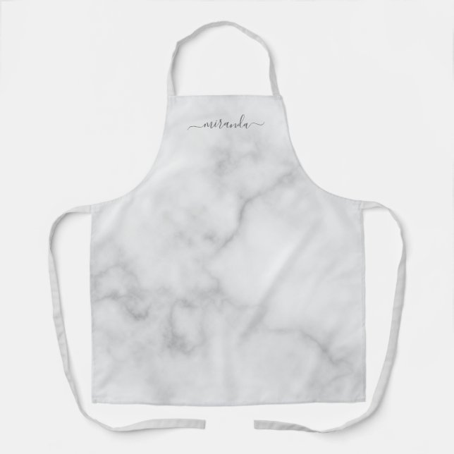 Modern Script Personalisiert Name White Marble Schürze (Vorderseite)