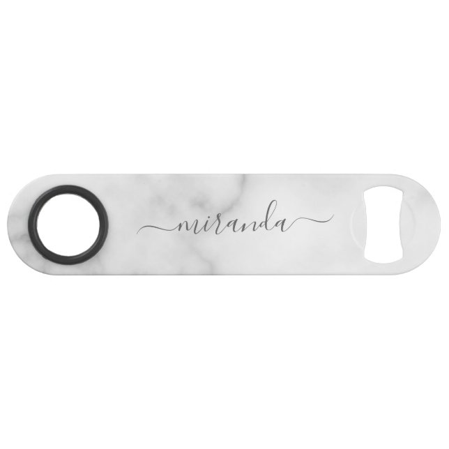 Modern Script Personalisiert Name White Marble Speed Flaschenöffner (Vorderseite (Horizontal))