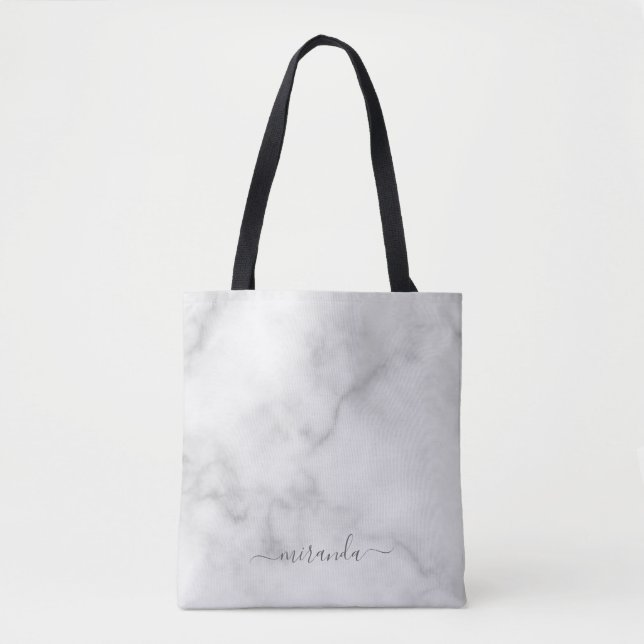 Modern Script Personalisiert Name White Marble Tasche (Vorderseite)