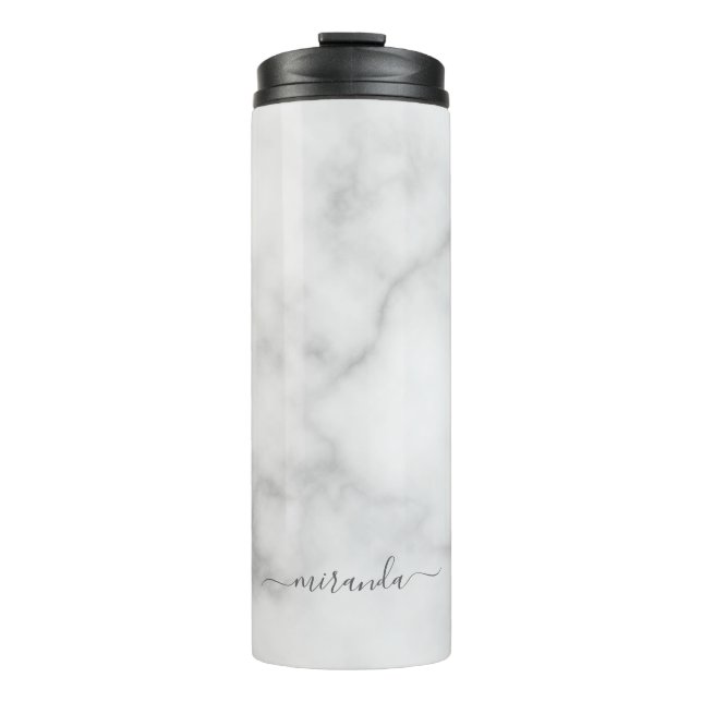 Modern Script Personalisiert Name White Marble Thermosbecher (Vorderseite)