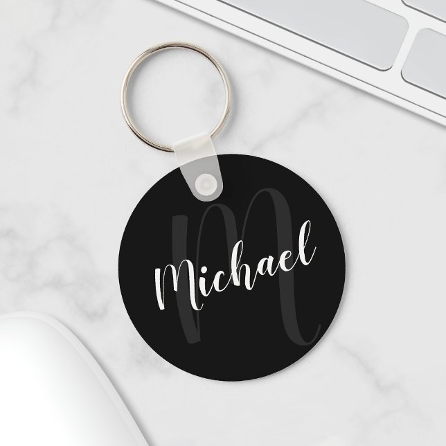 Modern Script Personalized Monogram and Name Black Schlüsselanhänger (Von Creator hochgeladen)