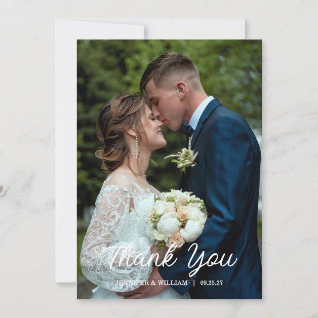 Modern Script Photo Wedding Dankeskarte (Vorderseite)
