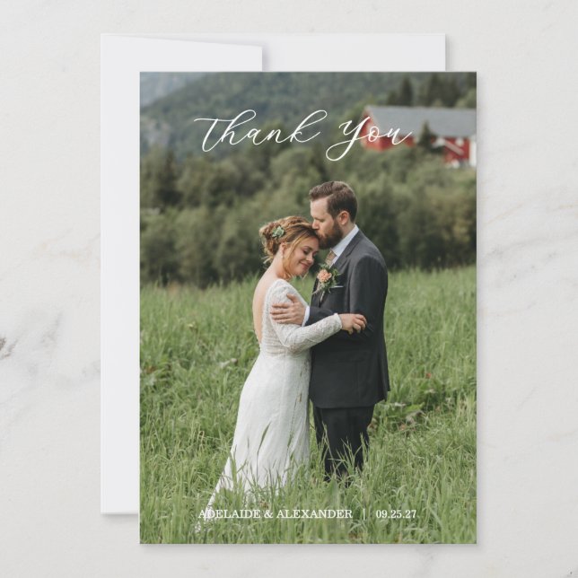 Modern Script Photo Wedding Dankeskarte (Vorderseite)