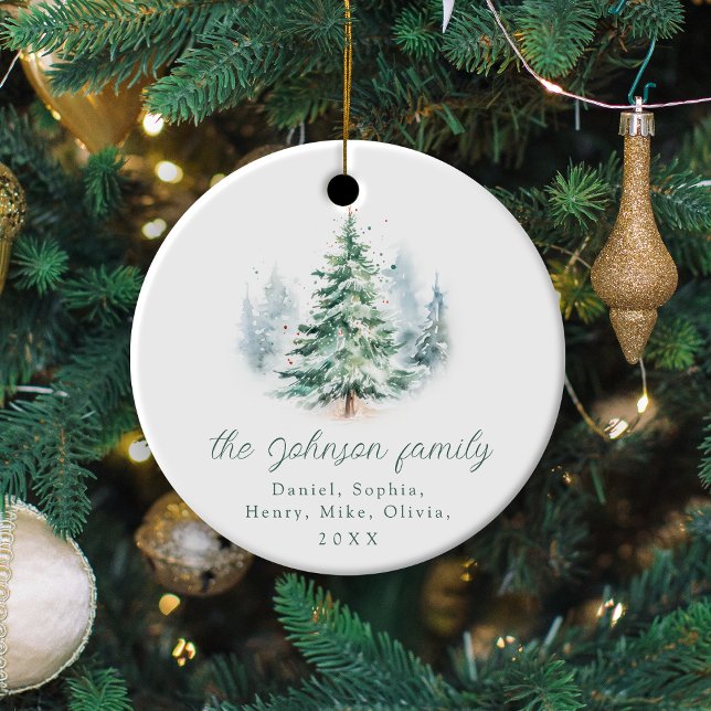 Modern Script Pine Tree Family Christmas  Keramik Ornament (Modern Script Pine Tree Family Christmas Ceramic Ornament)