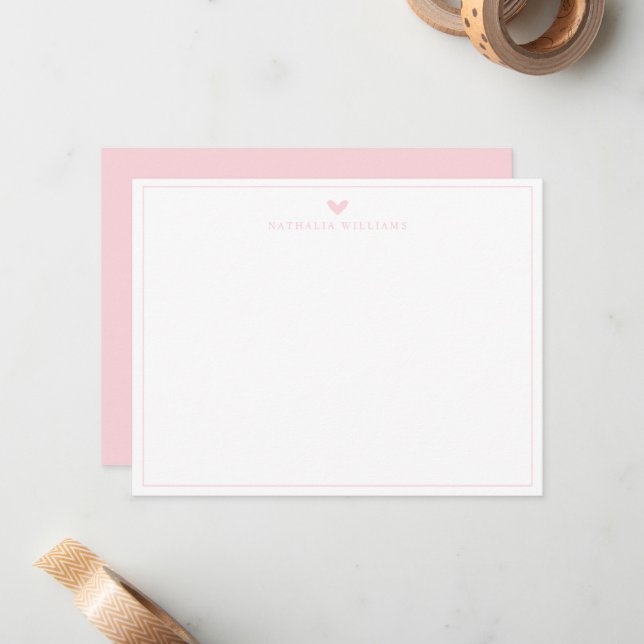 Modern Script Pink Heart Border Monogram Note Card Mitteilungskarte (Vorderseite/Rückseite Beispiel)