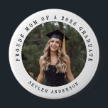 Modern Script Proud Mom Senior Photo Graduation Button<br><div class="desc">Celebrate your graduate in style with this Modern Script Proud Mom Graduation Photo Hand Fan. Perfect for graduation ceremonies and parties, this personalized "Proud Mom of a Graduate" fan lets proud moms show their love and support while cheering on their graduate during the big moment. Designed with elegant modern script...</div>