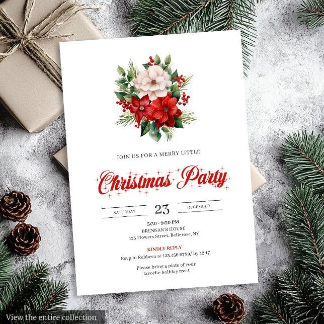 Modern Script Red Poinsettia Floral Christmas  Einladung (Modern Script Red Poinsettia Floral Christmas Invitation)
