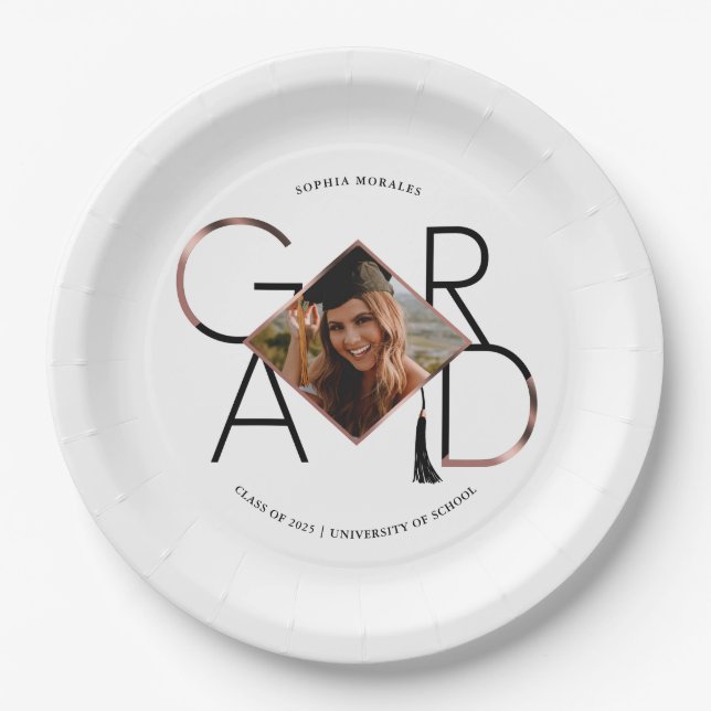 Modern Script Rose Gold Tassel Grad Foto Frame Pappteller (Vorderseite)