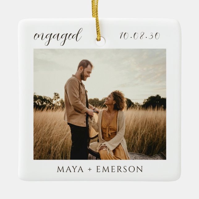 Modern Script Rustic Engagement Photo Keepsake  Keramikornament (Vorderseite)