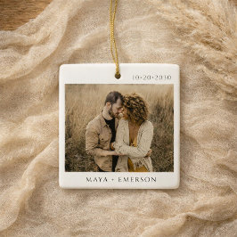 Modern Script Rustic Engagement Photo Keepsake Keramikornament