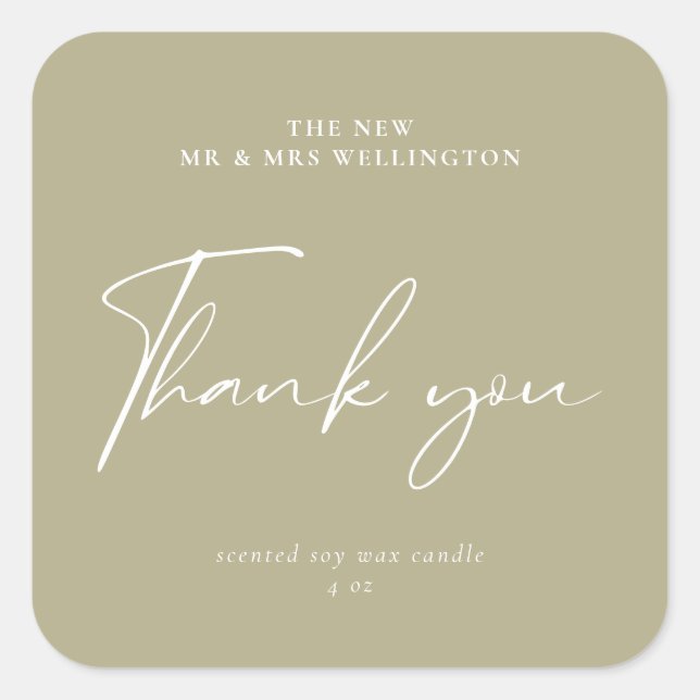 Modern Script Sage Green Gastgeschenk Hochzeit Can Quadratischer Aufkleber (Vorderseite)