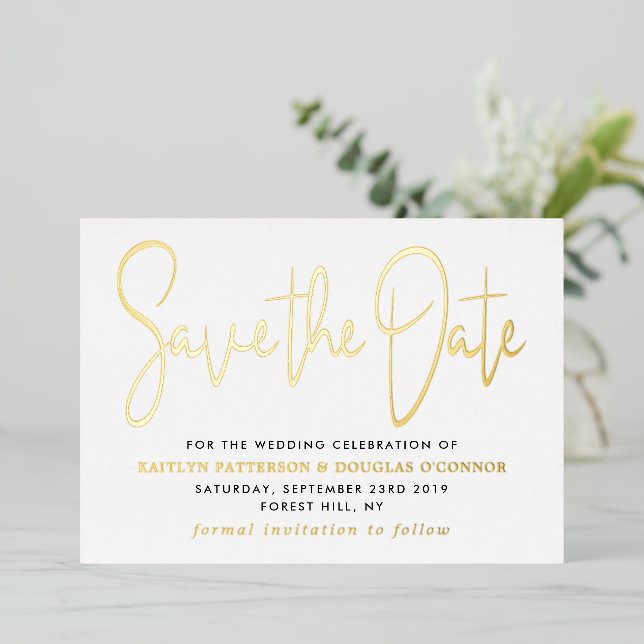 Modern Script Save the Date Real Folieneinladung (Stehend vorne)