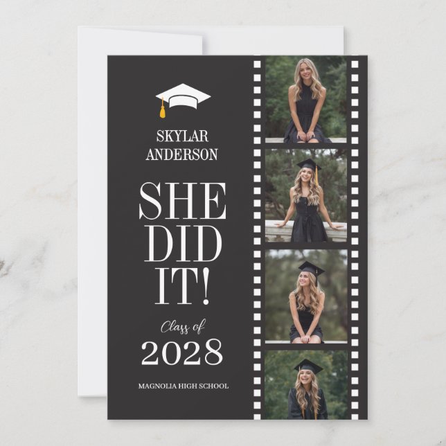 Modern Script Senior Photo Graduation Black Reel Einladung (Vorderseite)