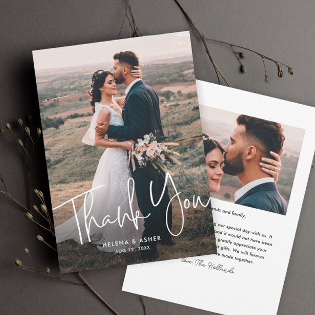 Modern Script Simple Wedding Foto Dankeskarte (Simple wedding photo thank you card with overlay typography in white.)