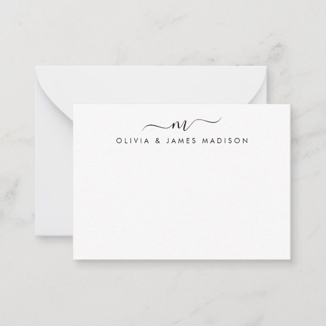 Modern Script Swash Monogram Couple Stationer Mitteilungskarte (Vorderseite)
