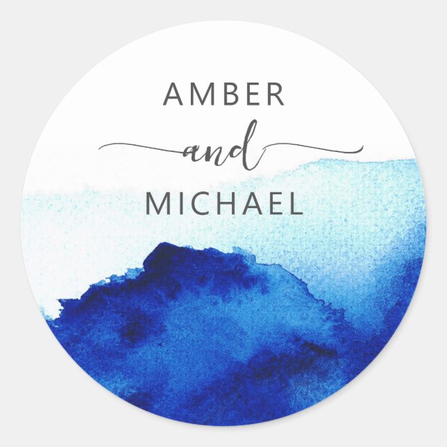 Modern Script Watercolor Indigo Blue Umschlag Aufk Runder Aufkleber (Vorderseite)