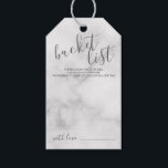 Modern Script Wedding Bucket List Marble Geschenkanhänger<br><div class="desc">Fügen Sie Ihrer Hochzeit eine persönliche Touch mit einer modernen Script-Eimer-Tagkarte hinzu. Diese Karte enthält den Titel 'Eimerliste' in grauem,  modernem Script-Schriftart und Details in grauem,  modernem Sans-Serif-Schriftart auf weißem Hintergrund.</div>