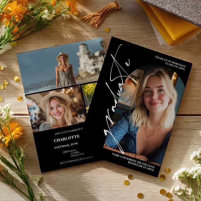  Modern Script white graduate photo graduation Einladung (Modern Script white graduate photo graduation Invitation)