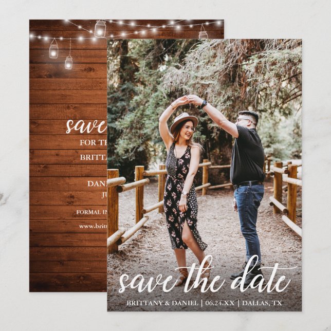 Modern Script Wood Jar Lights Save the Date Card Einladung (Vorne/Hinten)
