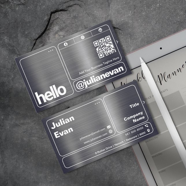 Modern Shiny Metal Bold Typografy Hello Visitenkarte (Modern Shiny Metal Bold Typography Hello Business Card)